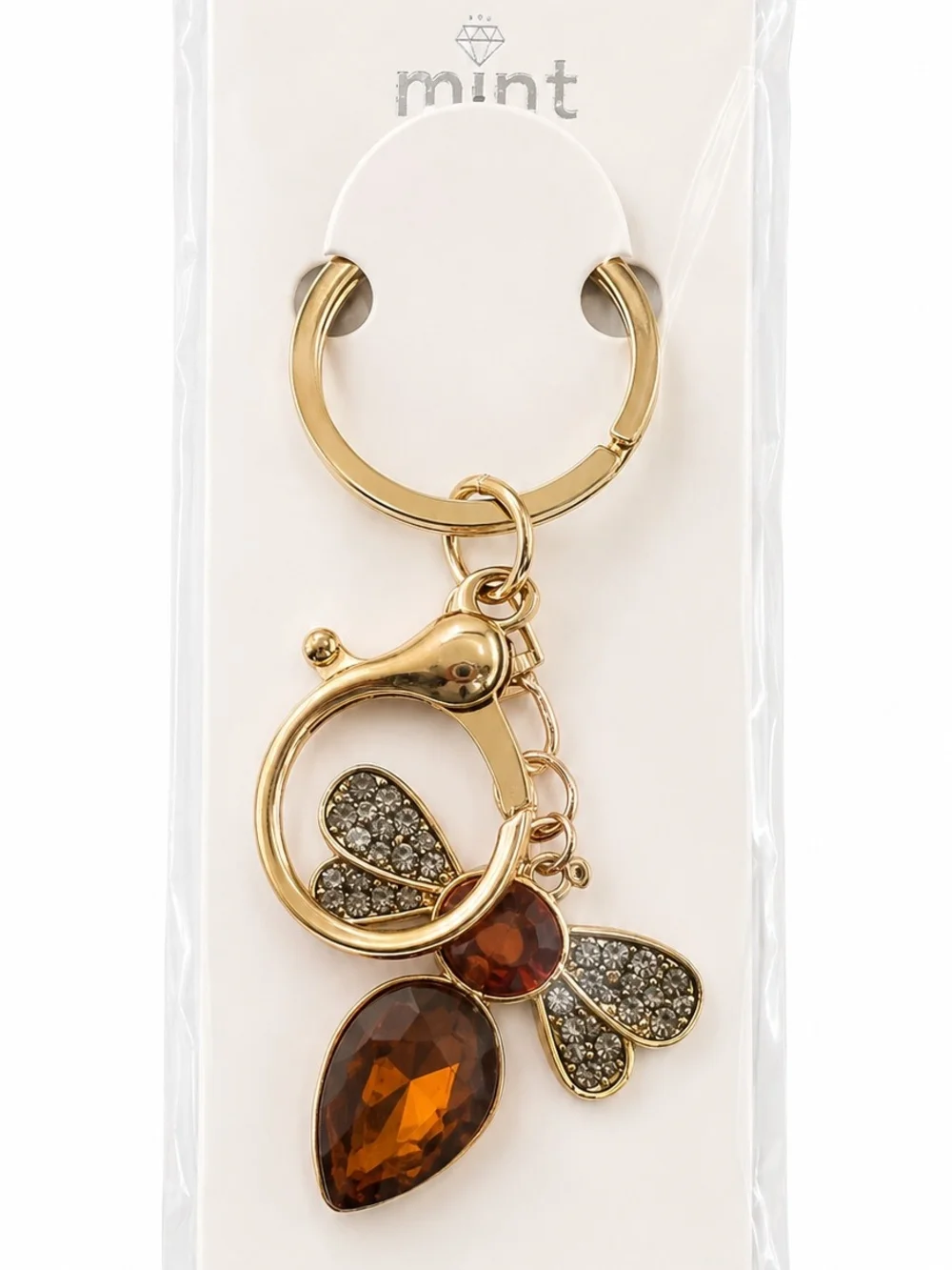 Mint Gold-Tone Bee Keychain with Amber and Clear Crystals